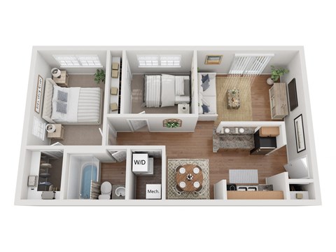 Floor plan for 2 beds, 1 bath, 840 sqft